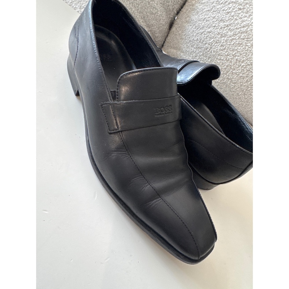 Men's AL1 HUGO BOSS BLACK LEATHER‎ LOAFER SHOES size 9 classic stylish